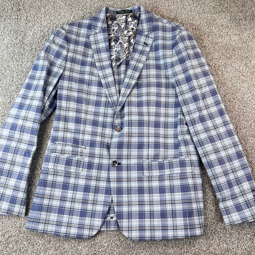 Paisley & Gray Blazer Mens 42R Plaid Slim Fit Cotton Stretch Sport Coat Preppy - Picture 2 of 11